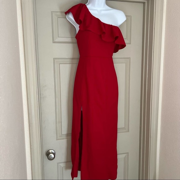 Show Me Your MuMu Florentine red stretch one shoulder ruffle midi dress - Picture 4 of 12
